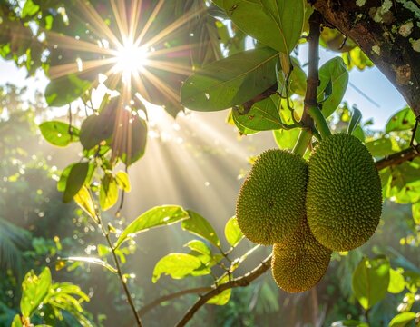 Jackfruit hanging on tree branch in sunny orchard
