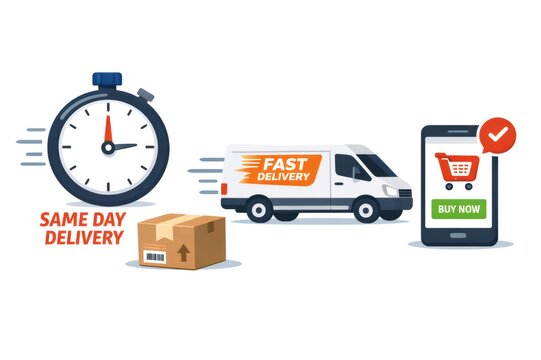 Stopwatch, delivery van with fast delivery branding, and smartphone app showing a shopping cart icon with a 'buy now' button, representing efficient e commerce and quick shipping services