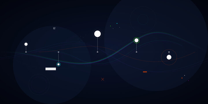 Abstract digital network connectivity flow with circular data nodes on transparent background