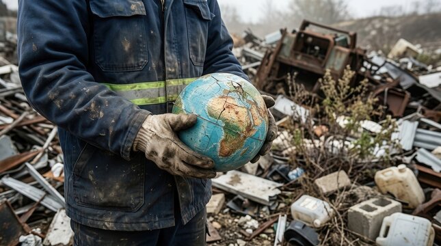 Person in dirty work clothes and gloves holding a cracked, damaged globe. Junkyard with discarded waste in the blurred background. Environmental crisis.