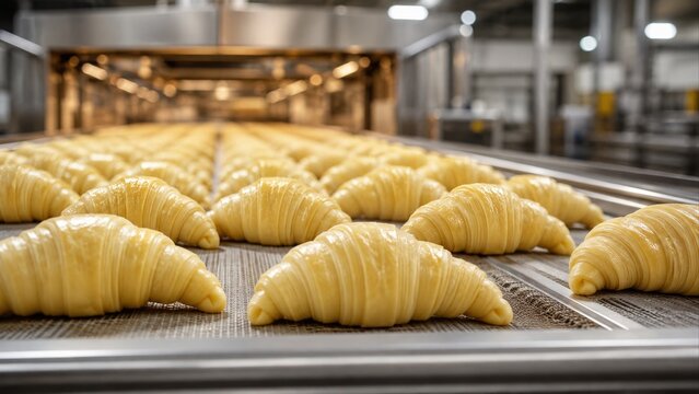 Croissants au beurre crus sur une ligne de production automatis&eacute;e dans une boulangerie industrielle moderne en France