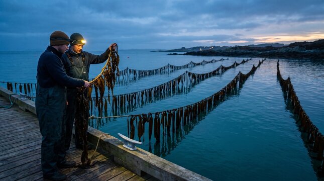 Workers tend suspended seaweed lines in a coastal nursery at dusk
