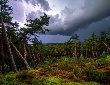 Lightning strike over pine forest during storm