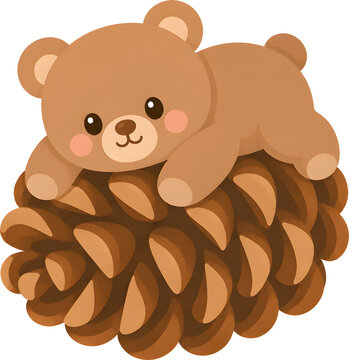 Cute bear playing on a pine cone, autumn cartoon illustration
