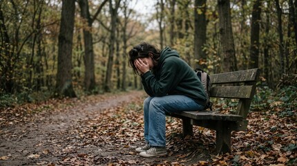 Fototapeta premium Distressed young person sitting on a wooden bench, covering their face with hands. Autumn forest path with fallen leaves. Feeling of profound sadness and loneliness.