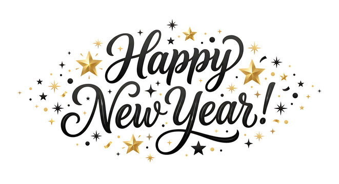 Happy New Year gold lettering with stars isolated on transparent background for festive holiday greeting cards
