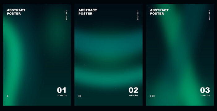 Set of three modern dark green gradient abstract poster templates on transparent background
