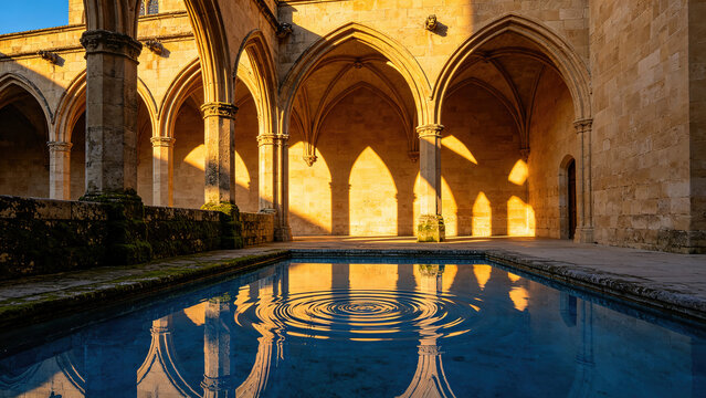 Golden sunlight through gothic stone arches over a blue reflecting pool with moss and water ripples