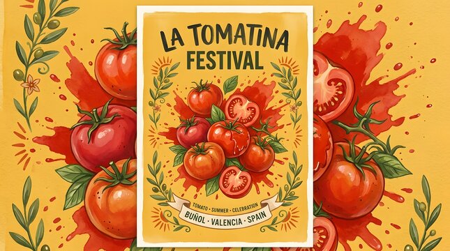 Watercolor tomatoes and foliage depict the la tomatina festival celebration