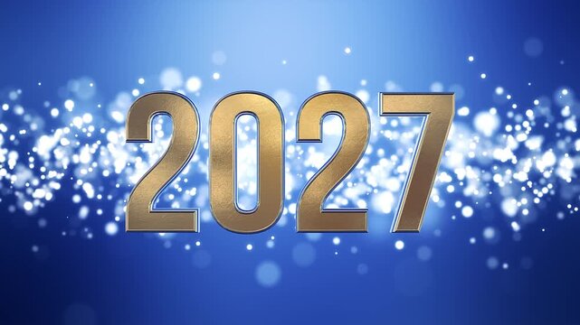Video animation of golden light shine particles bokeh over blue background and the numbers 2027 in gold - represents the new year - vacation concept.