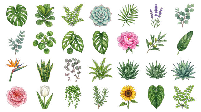 Watercolor botanical collection of 28 tropical leaves and flowers. Hand painted floral elements set. Green foliage and garden blooms.