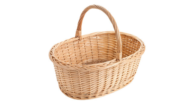Traditional woven wicker basket with handle empty isolated on transparent background