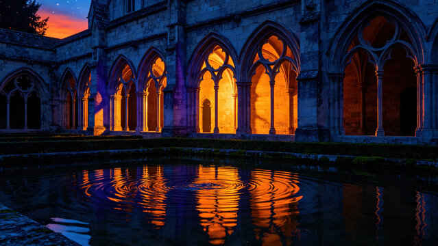 Gothic cloister arches and warm interior light reflected in a still pool at twilight