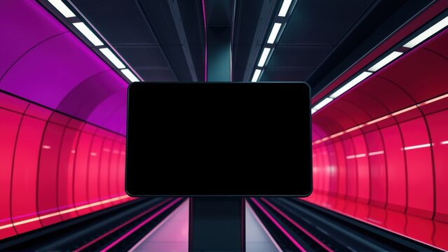 Dark tunnel interior. Bright neon lights illuminate curved walls. Central black screen dominates perspective. Modern, futuristic aesthetic.