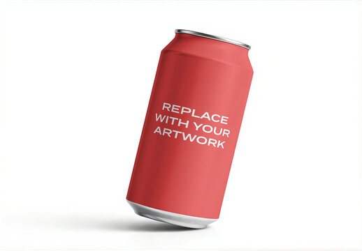 Template, aluminum beverage can mockup standing at an angle on a white background with text placeholder for branding and packaging design presentation