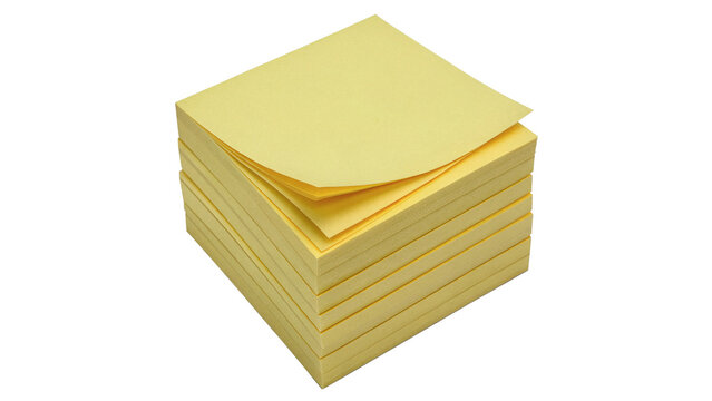 Stack of square blank yellow sticky memo note papers isolated on transparent background