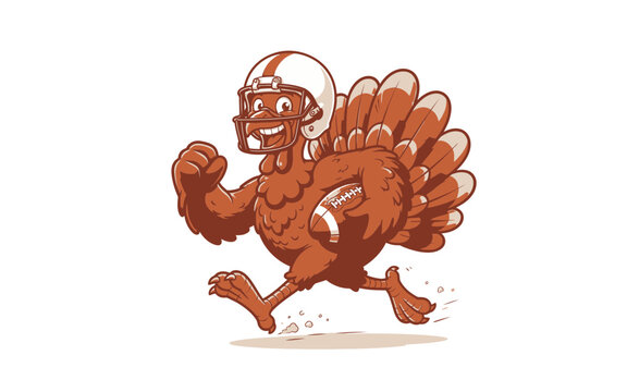 Happy Thanksgiving Athletic football turkey mascot in uniform running with a ball isolated on a clean white background for sports design USA