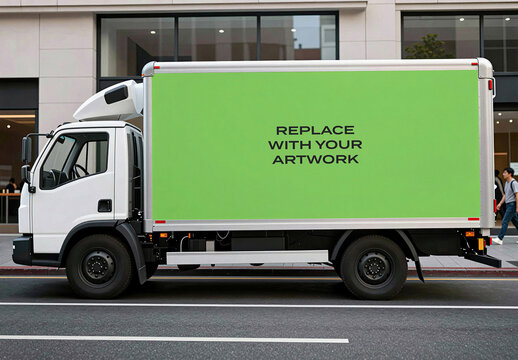 Delivery truck mockup with side panel displaying replace your artwork text, urban street scene building facade and pedestrians, parked on asphalt road