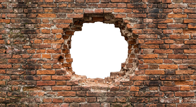 Old weathered red brown brick wall with a large empty round hole revealing transparent background design element.