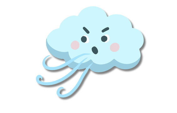 Angry blue cloud character blowing wind, cute weather icon for design projects.