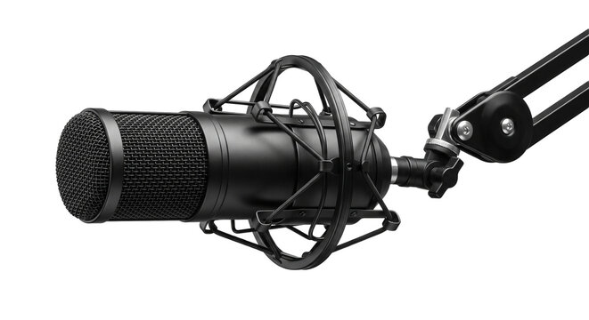 Professional studio condenser microphone with black shock mount on boom arm provides high quality audio for podcasting and broadcasting.