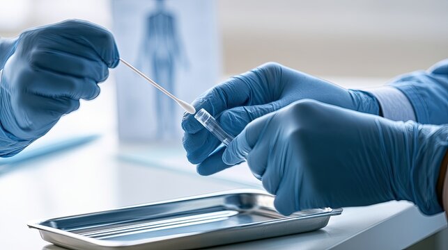 Hands in gloves holding swab & vial for medical sample collection