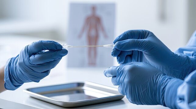 Healthcare professionals in blue gloves examine a swab with a medical diagram behind