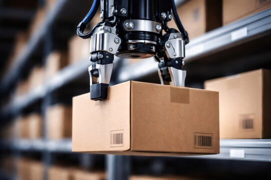 Robotic gripper arm precisely lifting and moving a cardboard box on a blurred warehouse rack background, representing advanced automation in storage and distribution