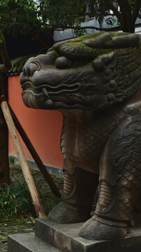Chengdu, Sichuan, China. Stone Sculptures Of Kylins Or Qilin At Tomb Passage In Wuhou Memorial Temple. Kylins Is Mascot Dragon In China. Qilin Legendary Hooved Chimerical Creature That Appears In