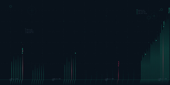 Futuristic data visualization interface with glowing digital bar graph on transparent background