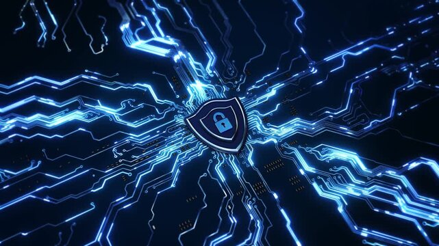 Advanced digital security featuring protective shield circuit network. enterprise cybersecurity, secure access, cloud protection, authentication, privacy, ransomware defense security content