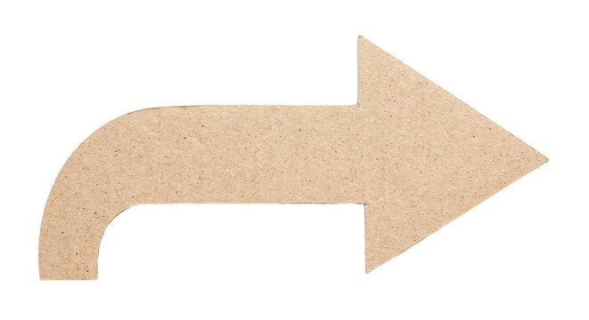 Curved brown craft paper arrow pointing right for navigation, direction, or decorative graphic element.
