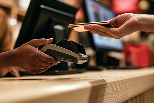 Person paying with mobile device at a modern transaction terminal