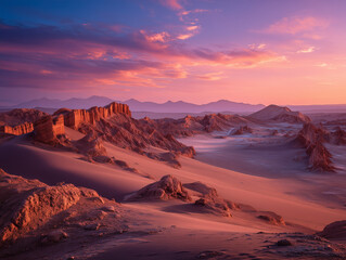 Naklejka premium Atacama Desert under a vibrant sunset, endless dunes, dramatic salt formations, colorful sky, ultra photorealistic, cinematic landscape, HDR, 8K, no people