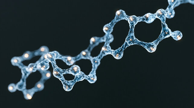 Intricate glowing digital molecular chain structure with floating particles on dark background.