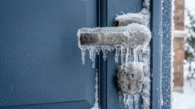 Heavy Frost Covers Blue Home Door Handle in Freezing Winter