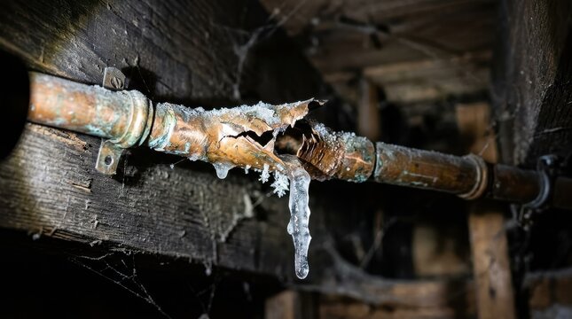 Frozen ruptured copper water pipe with ice dripping, causing costly property damage.