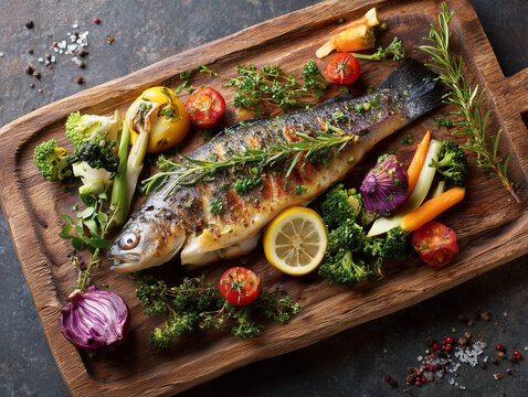 Authentic alpine char fish served with fresh herbs and vegetables, elegant Austrian National Day dining concept, no humans