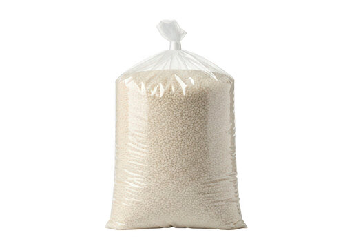 Plastic bag filled with polystyrene beads on transparent background