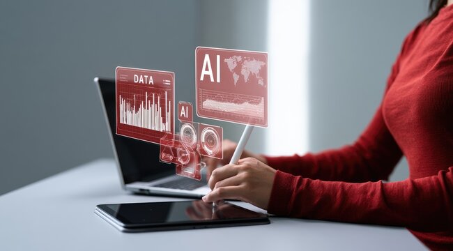 Woman interacting with glowing AI and data visualizations on screens
