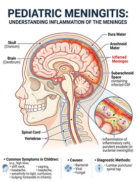 Scientific medical infographic diagram illustrating pediatric meningitis, inflammation of the meninges, and infected CSF in children.