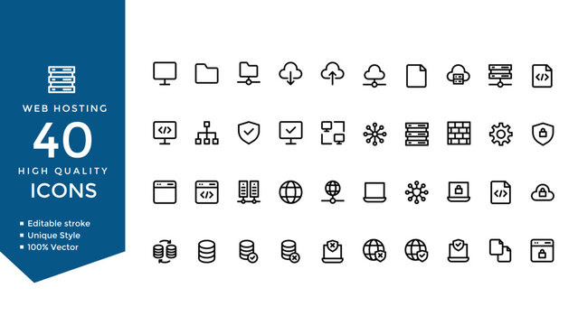 Web Hosting Line Icons Set &ndash; Editable Stroke Vector Collection of Server, Domain, CDN, VPN, FTP, SSL, Backup, and Firewall Symbols