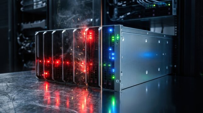 Damaged server rack experiencing a data breach with sparks and smoke