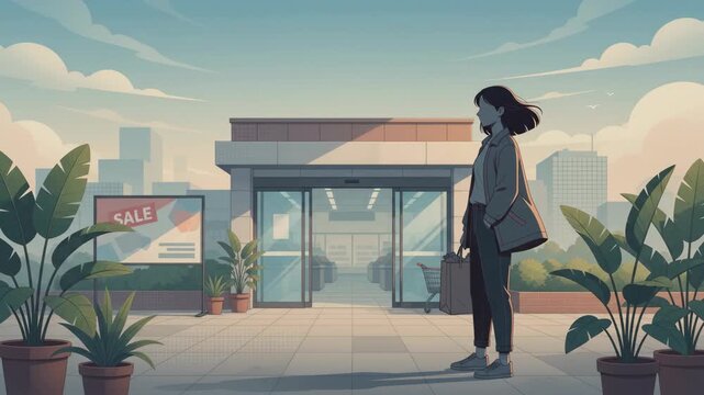 Woman standing outside a modern supermarket with automatic doors, ready to shop.