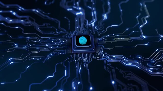 Futuristic biometric identity system fingerprint technology embedded digital processor. access control, fraud prevention, user verification, secure accounts, enterprise security modern authentication