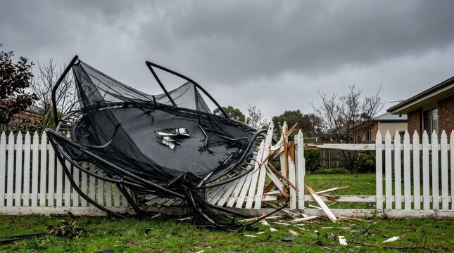 Severely Damaged Trampoline Flipped Against Broken Picket Fence After Storm