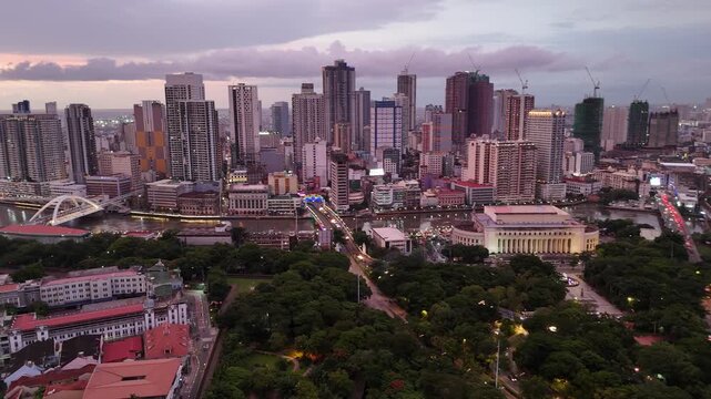 Drone view of Binondo China Town Pasig River in Manila Philippines Urban development and historical preservation in Manila Philippines