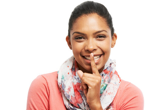 Woman, portrait and finger for quiet in studio, secret and privacy emoji on white background. Female person, shush and whisper information or confidential gossip, mystery and mute rumor in Jamaica