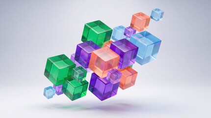 Naklejka premium A group of vibrant translucent glass cubes floating in a bright light studio space, modern 3d graphic illustration, geometric technology concept, abstract digital background design.