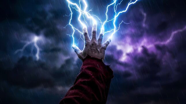 Human hand reaching out to control powerful electric lightning bolts